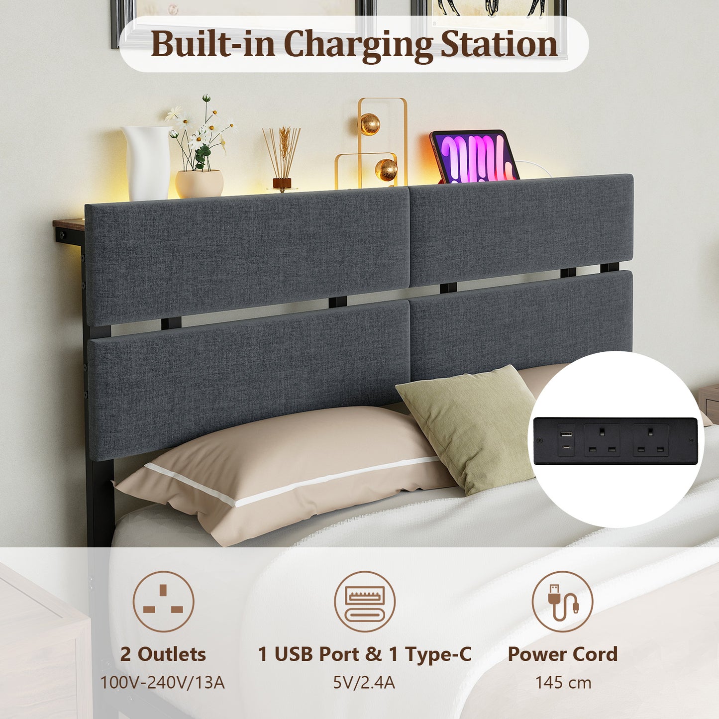 Upholstered Metal Platform Bed with Charging Station and LED Lights-Double Size