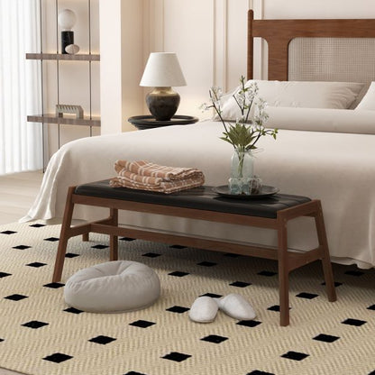 Upholstered Bench with Padded Cushion Solid Rubber Wood Frame-Brown