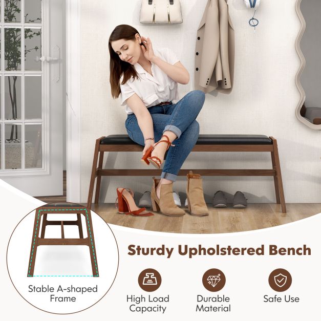 Upholstered Bench with Padded Cushion Solid Rubber Wood Frame-Brown