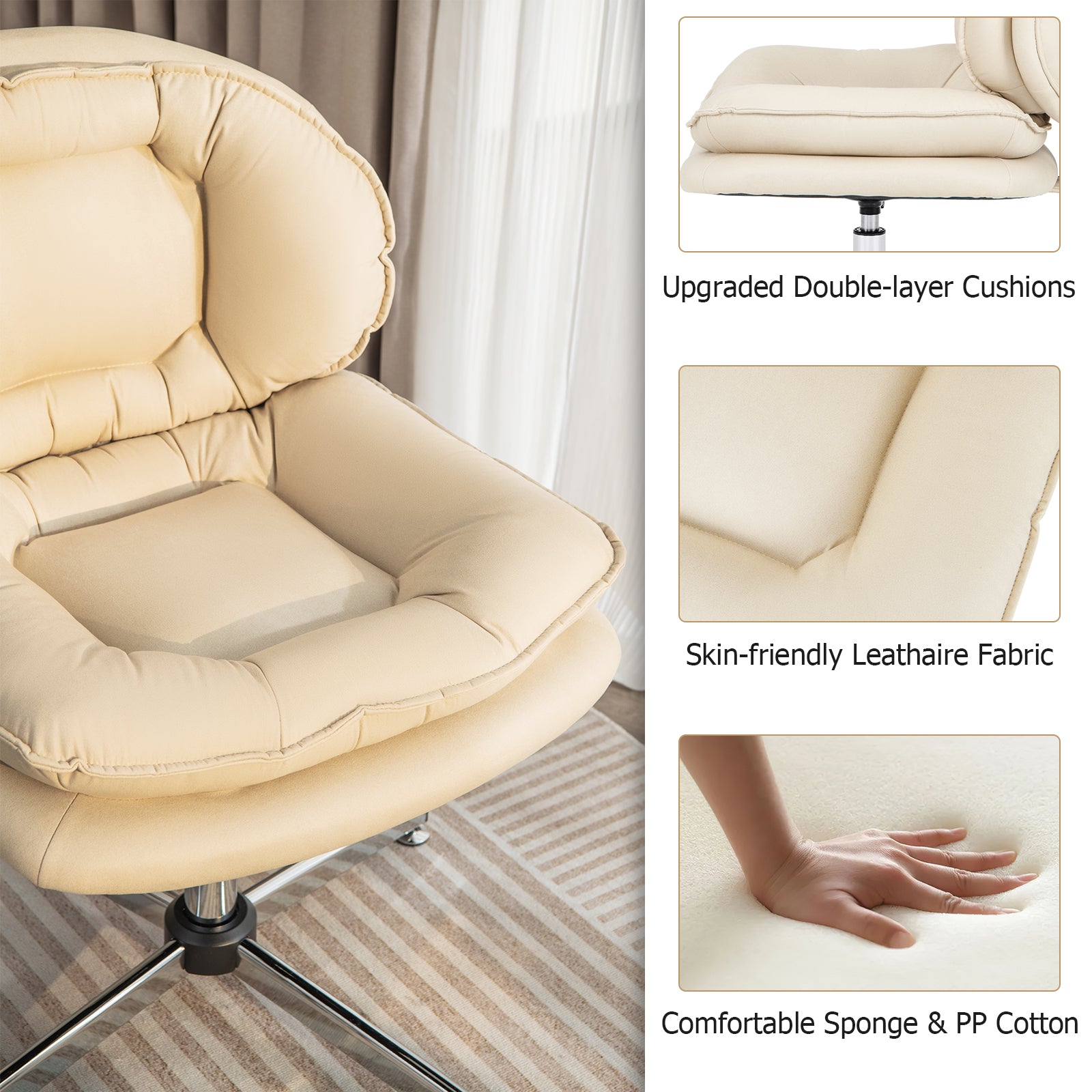 Upholstered Home Office Desk Chair with Double Padded Back and Seat-Beige