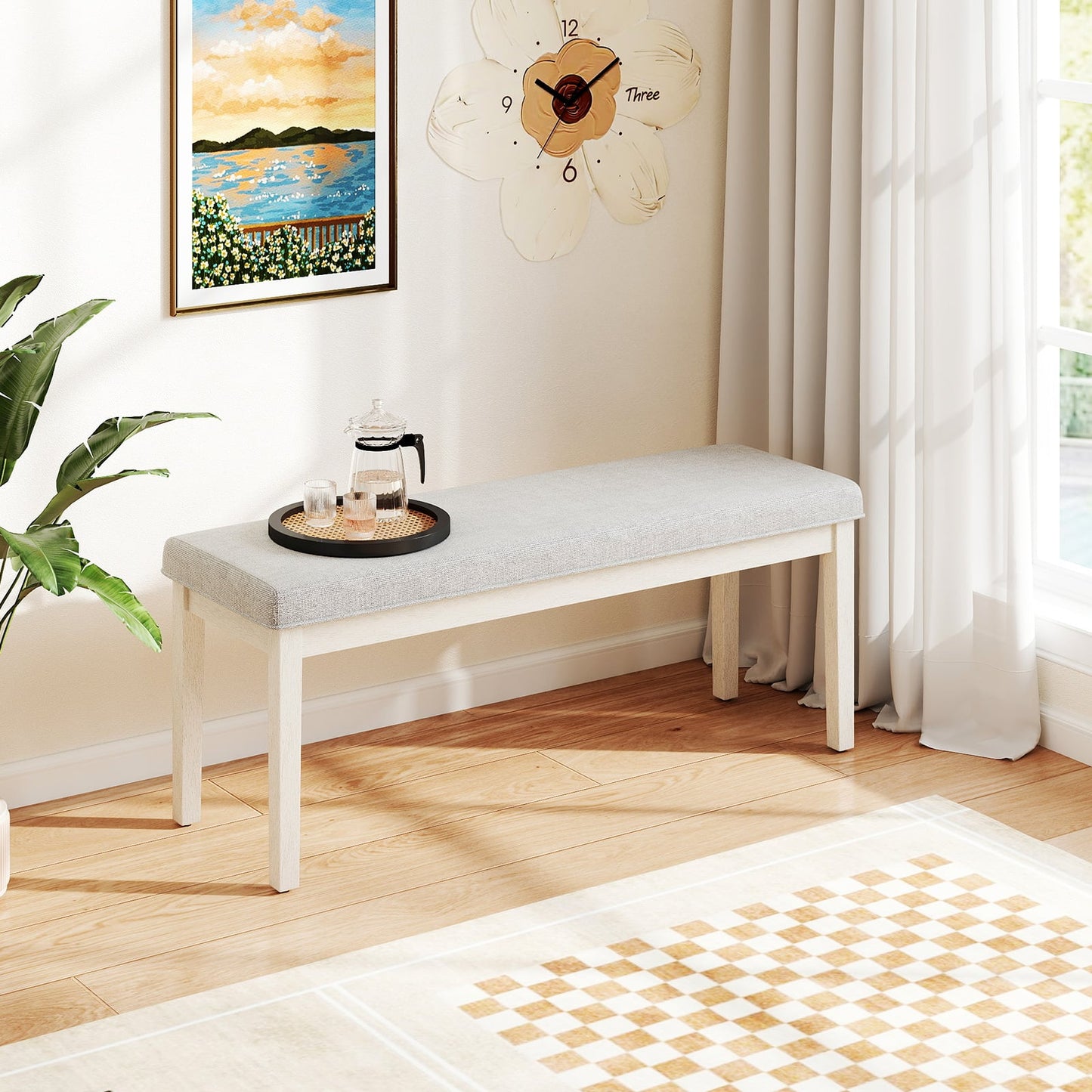 Upholstered Dining Bench Shoe Bench with Rubber Wood Legs and 300 KG Max Load-Light Grey