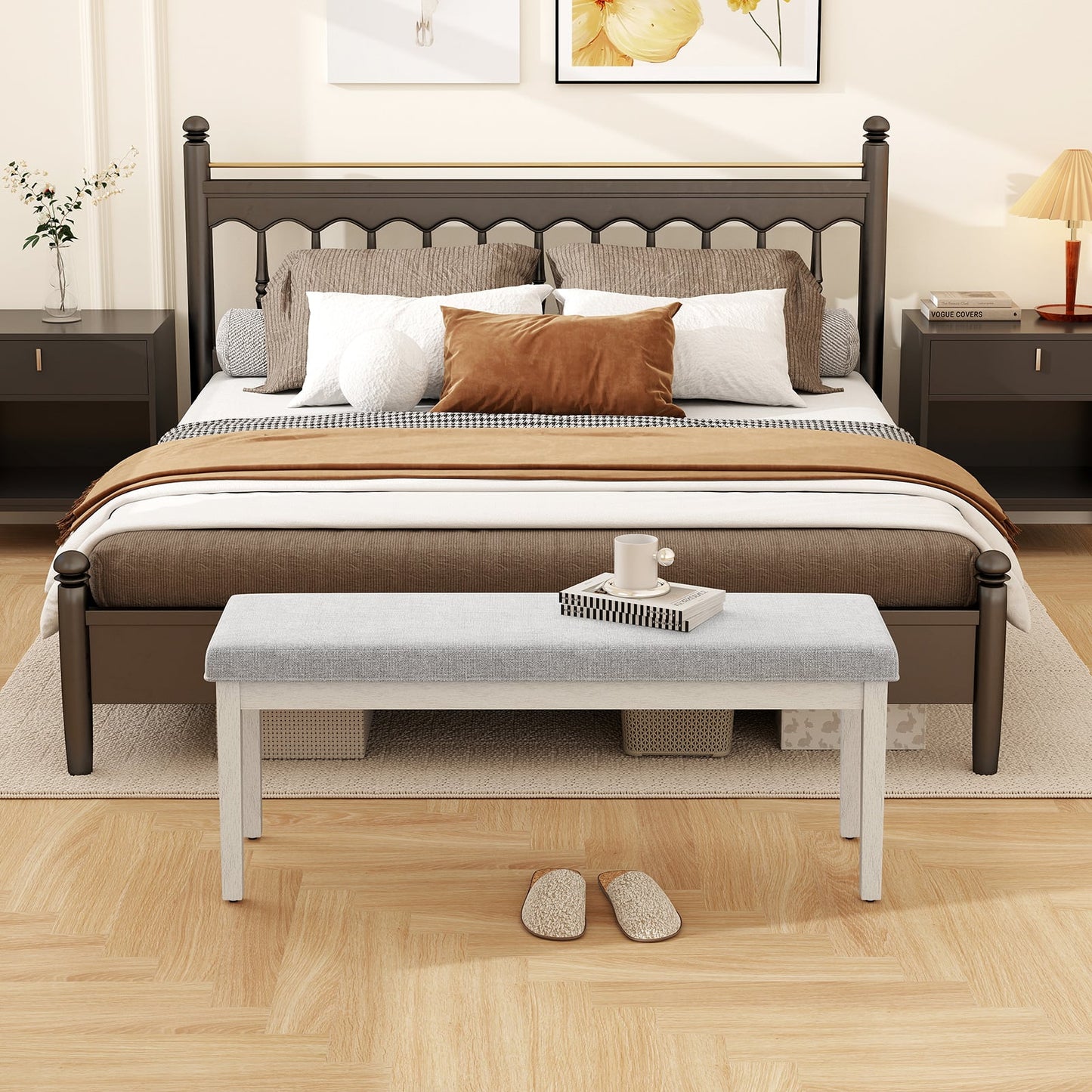 Upholstered Dining Bench Shoe Bench with Rubber Wood Legs and 300 KG Max Load-Light Grey