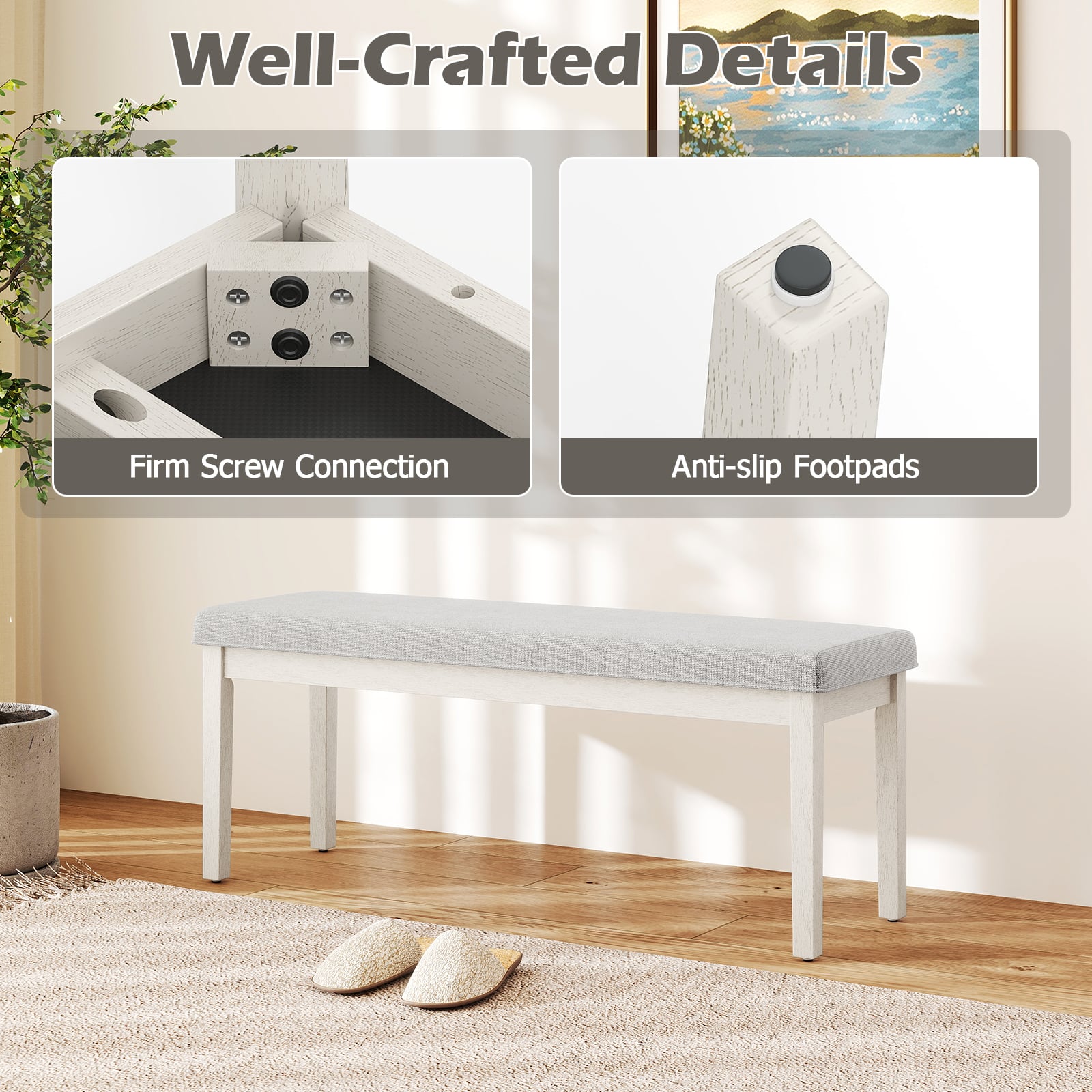 Upholstered Dining Bench Shoe Bench with Rubber Wood Legs and 300 KG Max Load-Light Grey