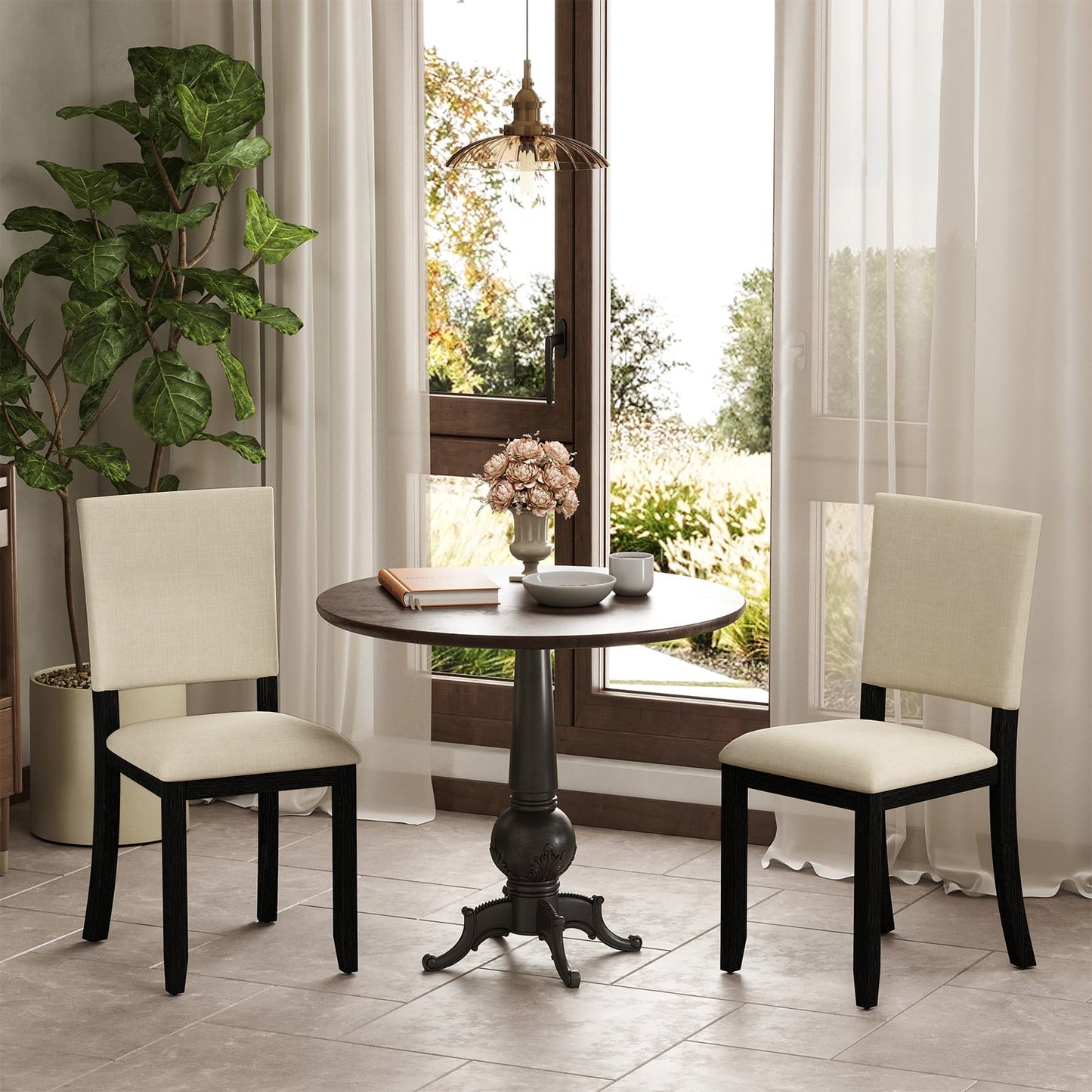 Upholstered Dining Chairs Set of 2 with Soft Padded Seat and Solid Wood Frame-Beige