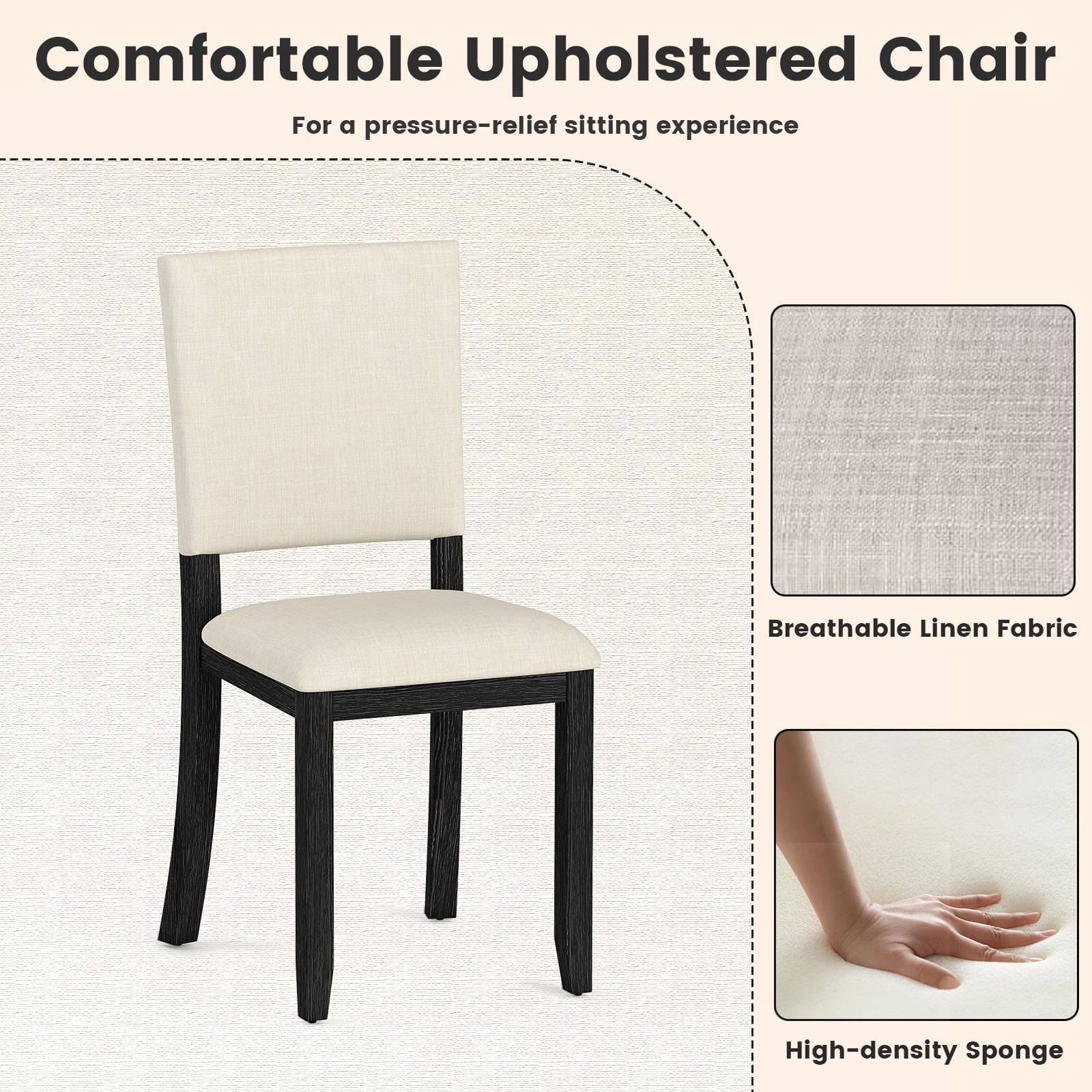 Upholstered Dining Chairs Set of 2 with Soft Padded Seat and Solid Wood Frame-Beige