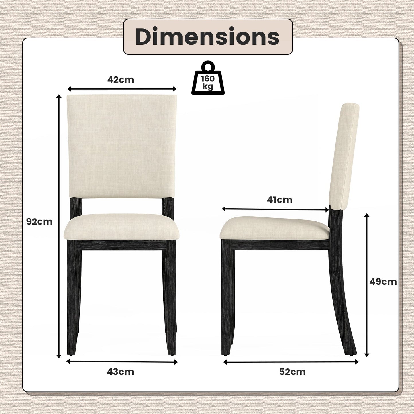 Upholstered Dining Chairs Set of 2 with Soft Padded Seat and Solid Wood Frame-Beige