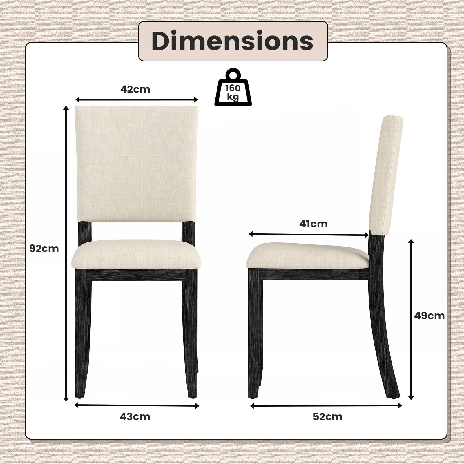 Upholstered Dining Chairs Set of 2 with Soft Padded Seat and Solid Wood Frame-Beige