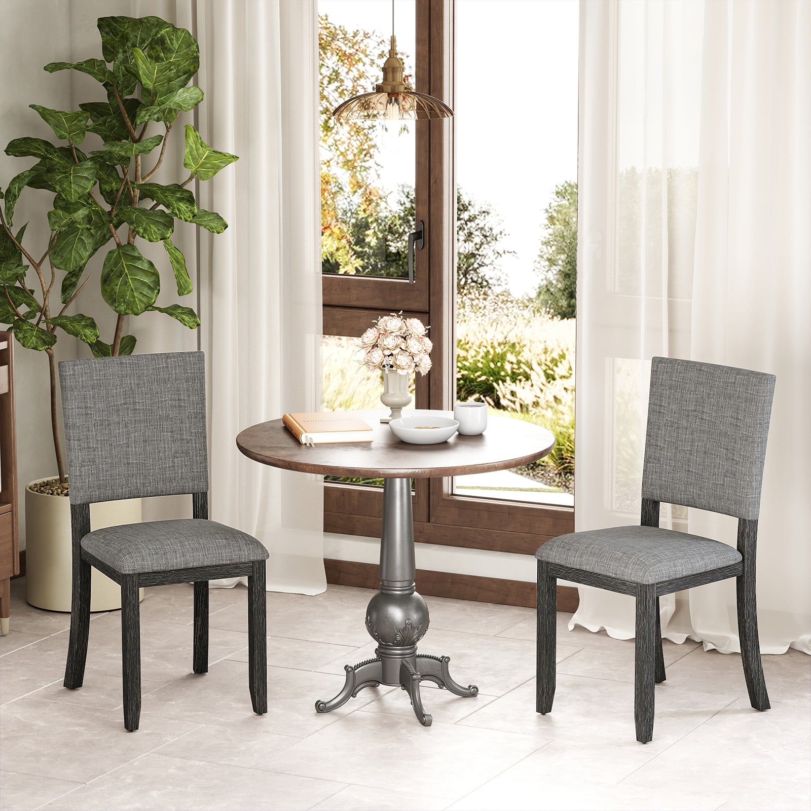 Upholstered Dining Chairs Set of 2 with Soft Padded Seat and Solid Wood Frame-Light Grey