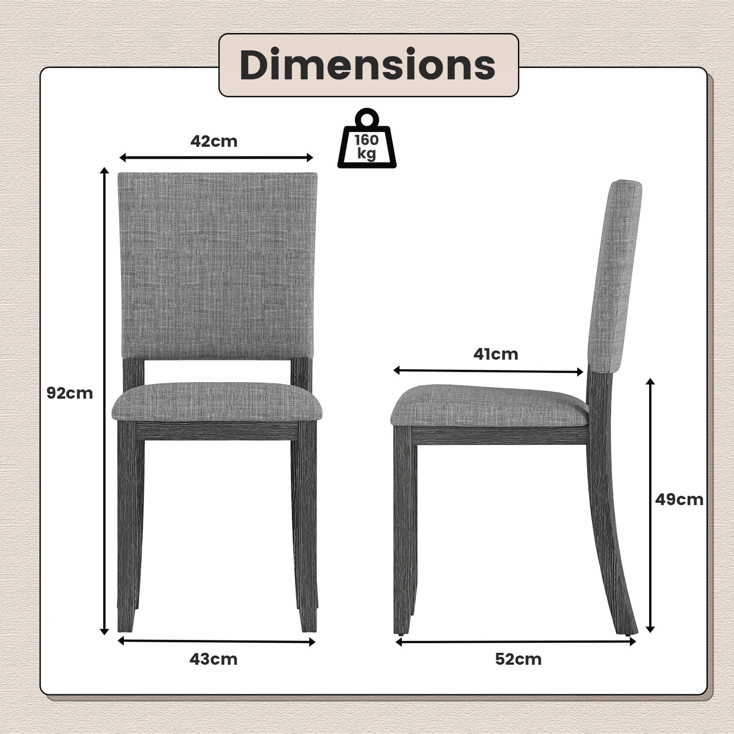 Upholstered Dining Chairs Set of 2 with Soft Padded Seat and Solid Wood Frame-Light Grey