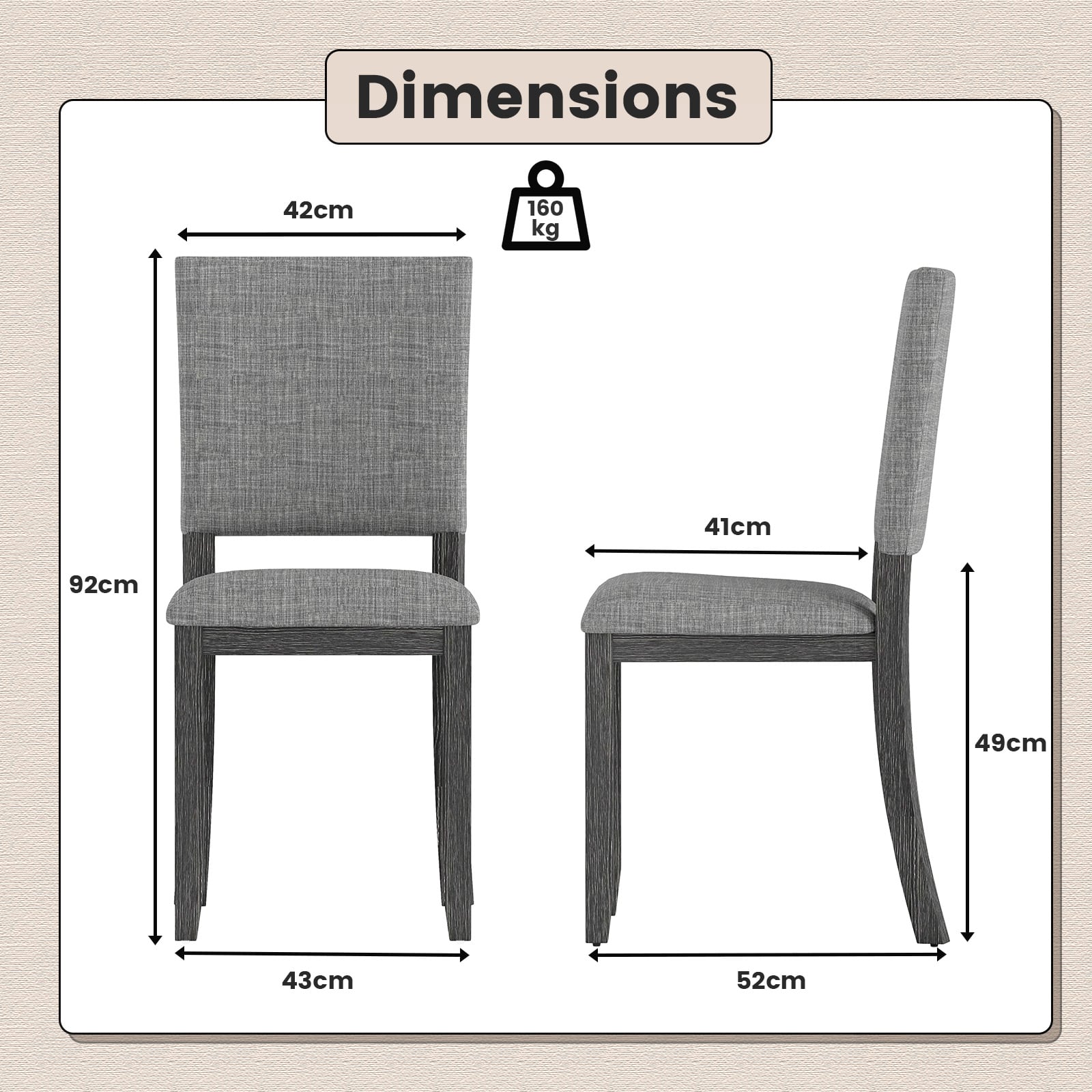 Upholstered Dining Chairs Set of 2 with Soft Padded Seat and Solid Wood Frame-Light Grey