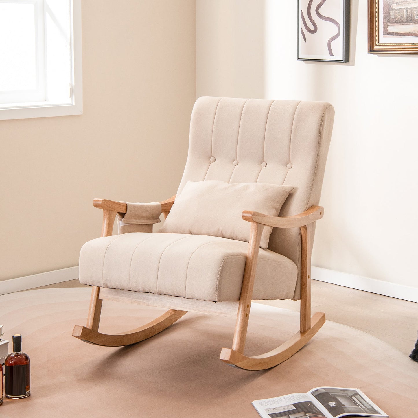 Upholstered Glider Rocker Chair with High Backrest and Cushioned Seat-Beige