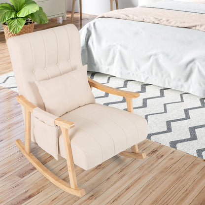 Upholstered Glider Rocker Chair with High Backrest and Cushioned Seat-Beige
