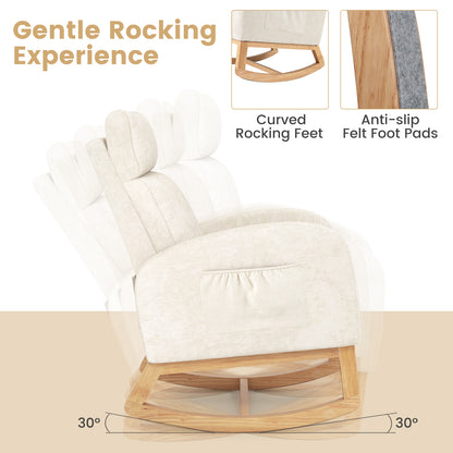 Upholstered Chenille Nursery Rocking Chair with Rubber Wood Frame-Beige