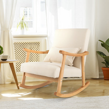Upholstered Rocking Chair Modern Rocker with Rubber Wood Frame-Beige