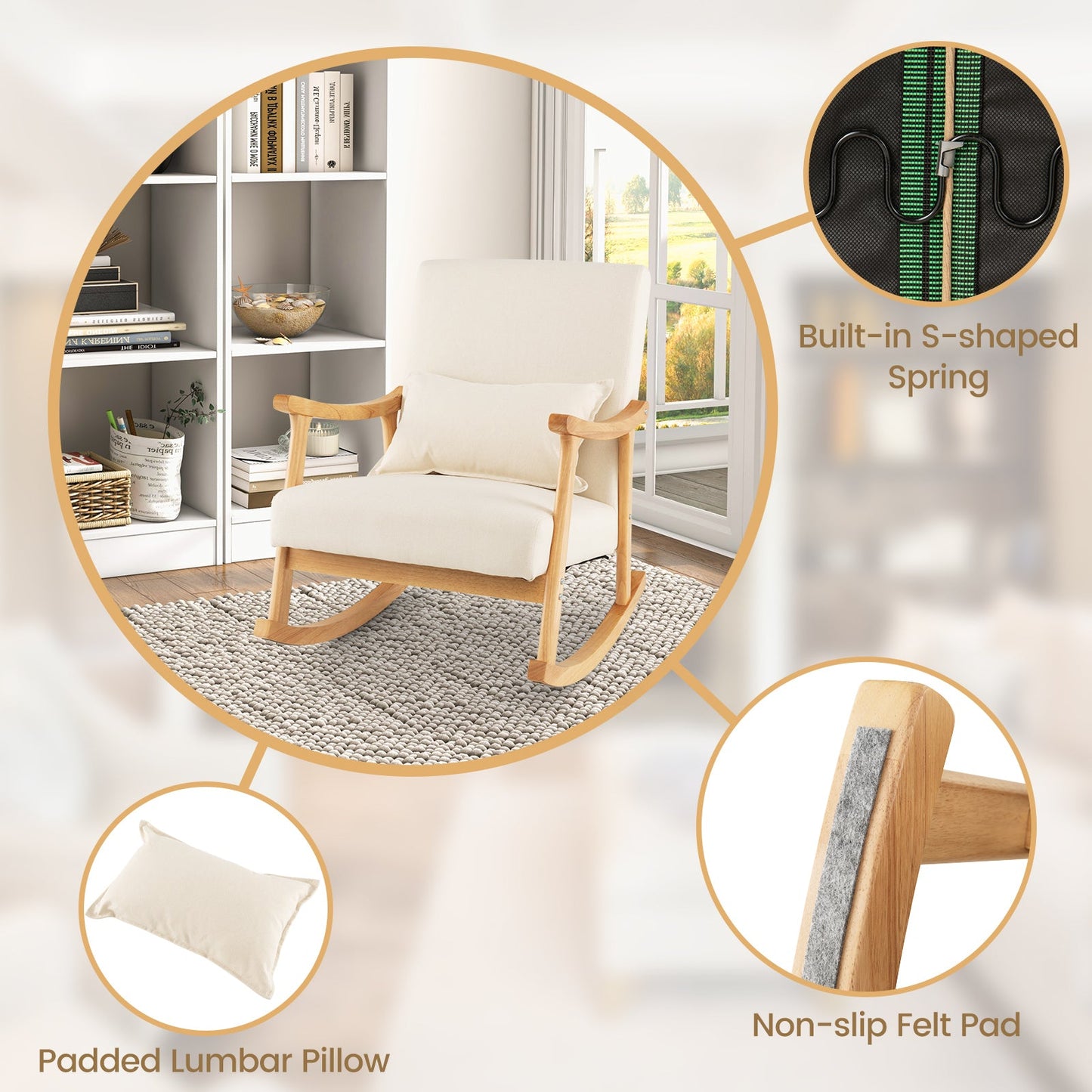 Upholstered Rocking Chair Modern Rocker with Rubber Wood Frame-Beige