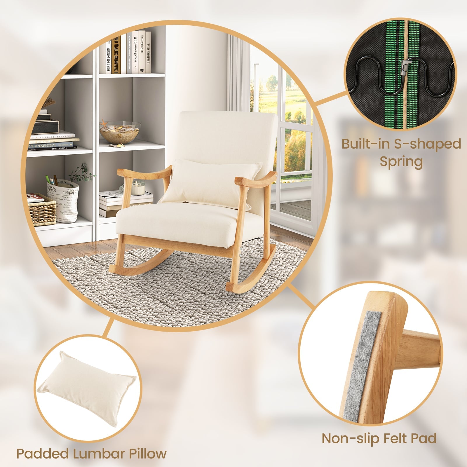 Upholstered Rocking Chair Modern Rocker with Rubber Wood Frame-Beige