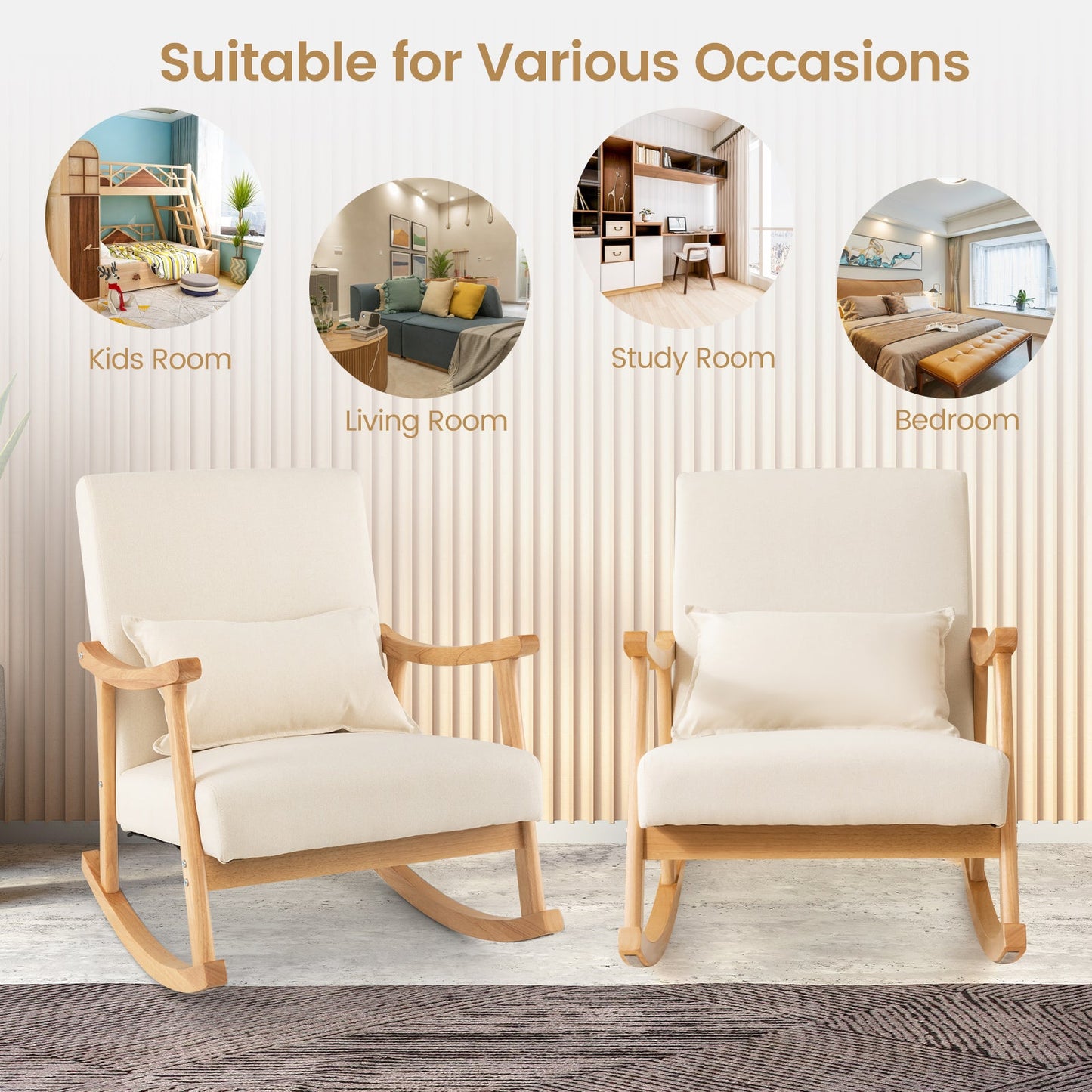 Upholstered Rocking Chair Modern Rocker with Rubber Wood Frame-Beige