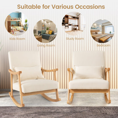 Upholstered Rocking Chair Modern Rocker with Rubber Wood Frame-Beige