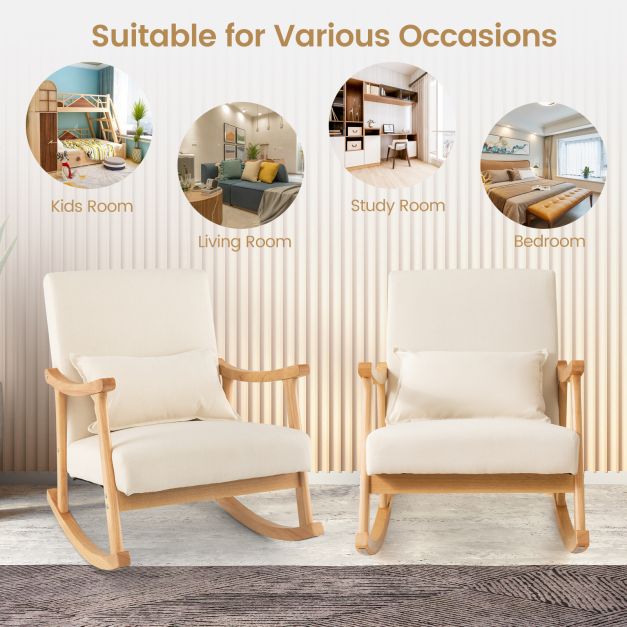 Upholstered Rocking Chair Modern Rocker with Rubber Wood Frame-Beige