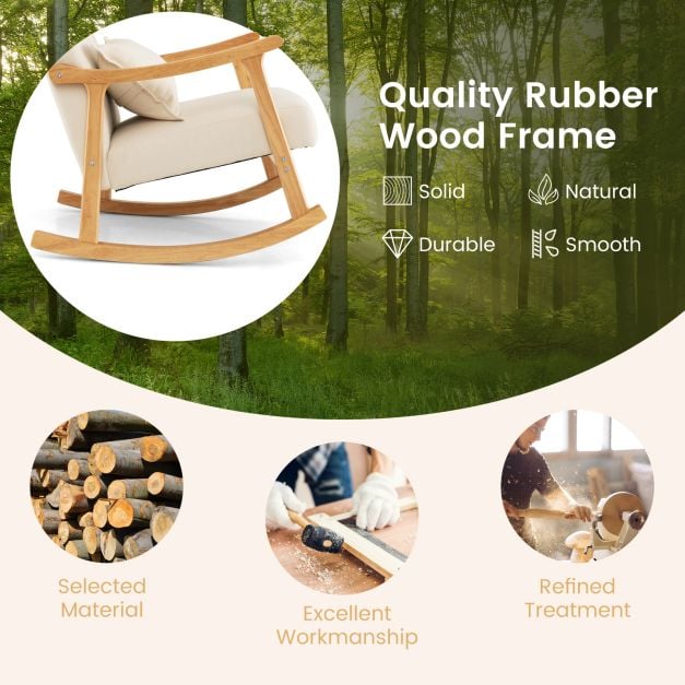 Upholstered Rocking Chair Modern Rocker with Rubber Wood Frame-Beige