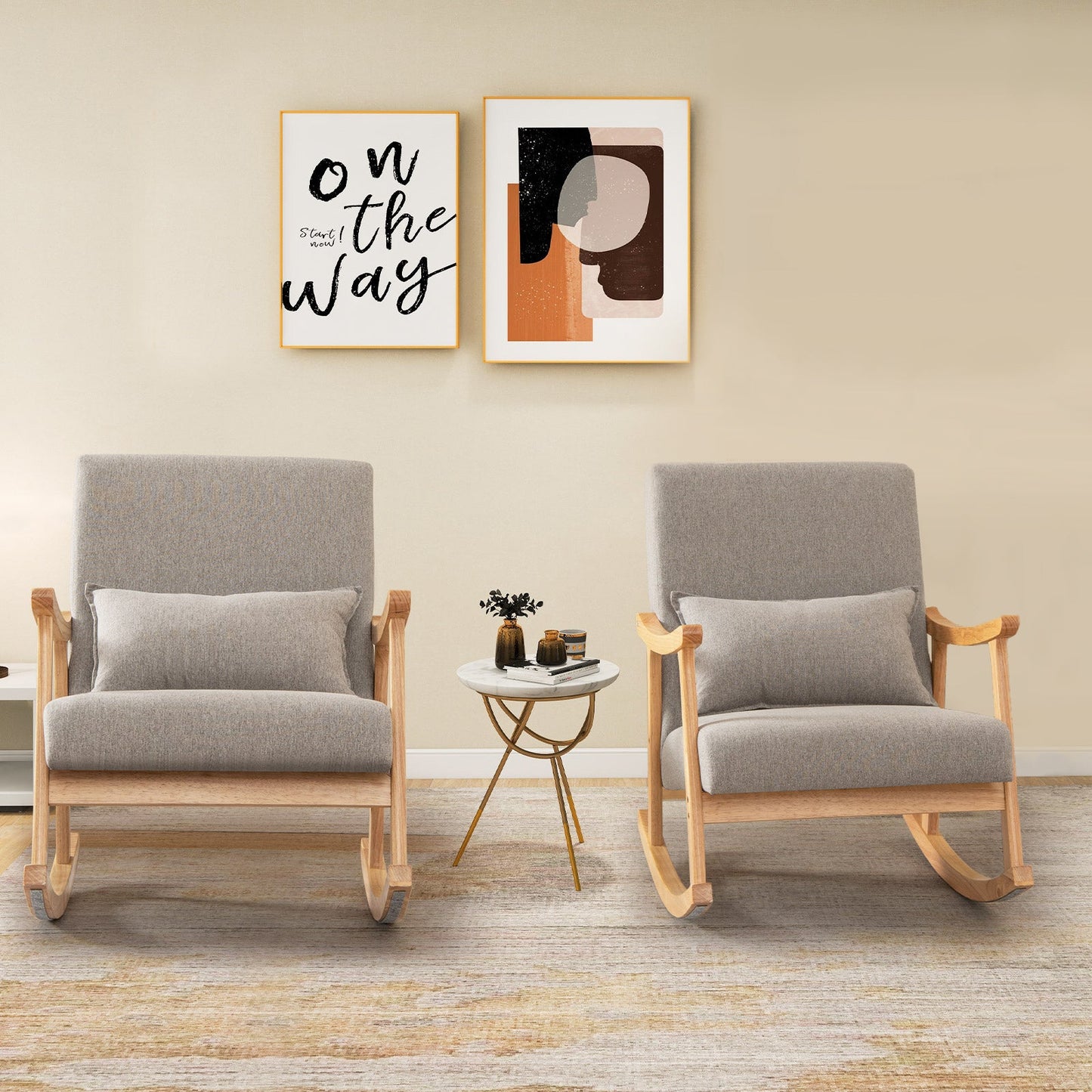 Upholstered Rocking Chair Modern Rocker with Rubber Wood Frame-Grey