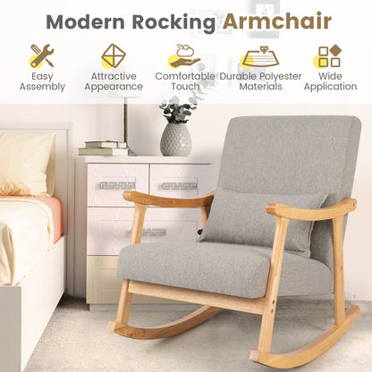 Upholstered Rocking Chair Modern Rocker with Rubber Wood Frame-Grey