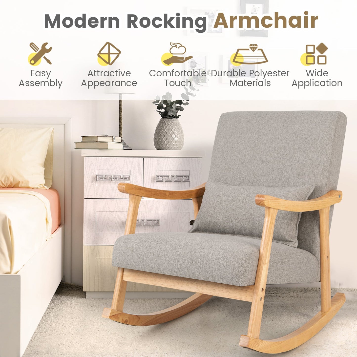 Upholstered Rocking Chair Modern Rocker with Rubber Wood Frame-Grey