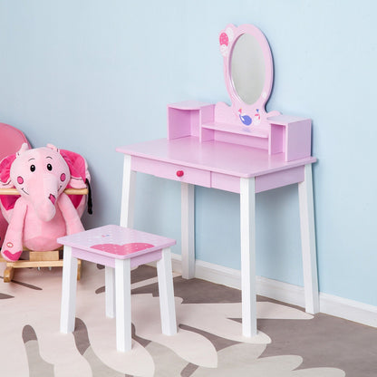 HOMCOM Kids Wooden Dressing Table and Stool Make Up Desk (Pink)