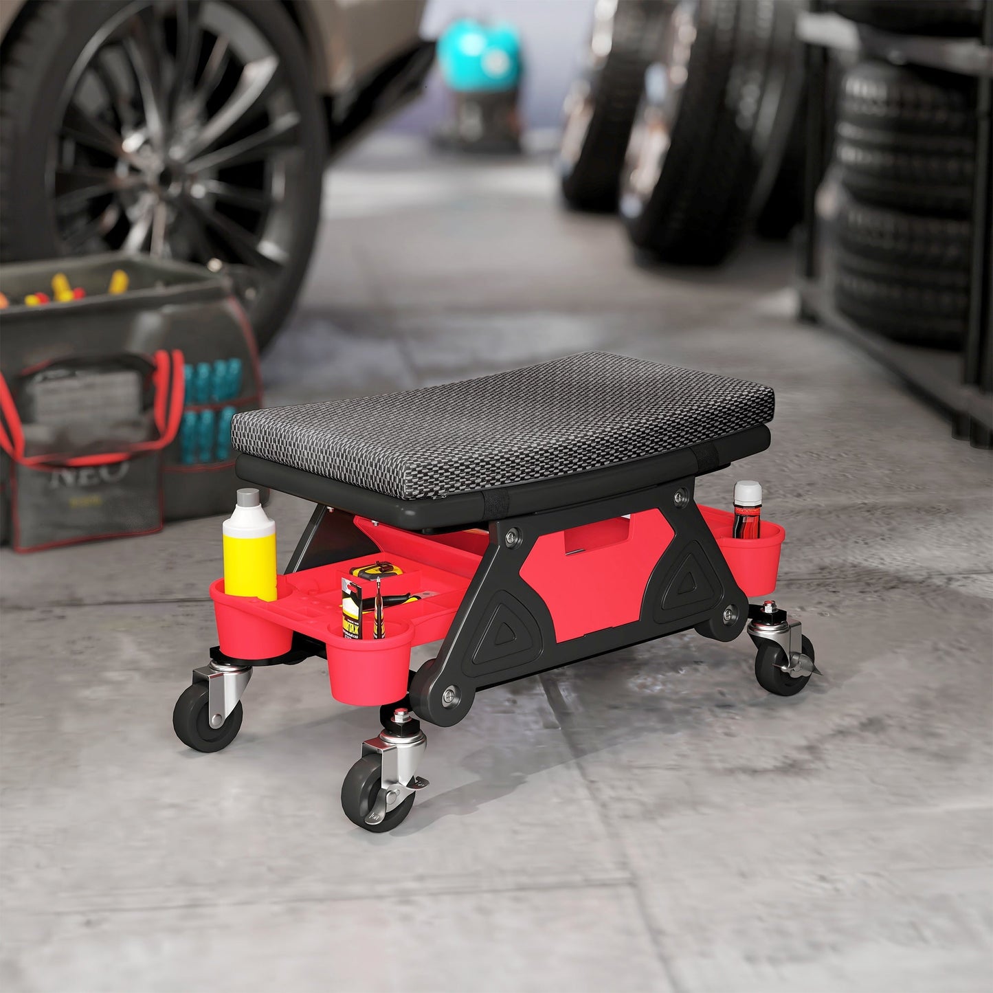 HOMCOM Rolling Mechanic Stool, 135kg Capacity Workshop Stool, 360 Swivel Roller Padded Creeper Seat with Wheels, Slide Out Tool Trays and Drawer for Garage, Shop, Auto Repair, Black