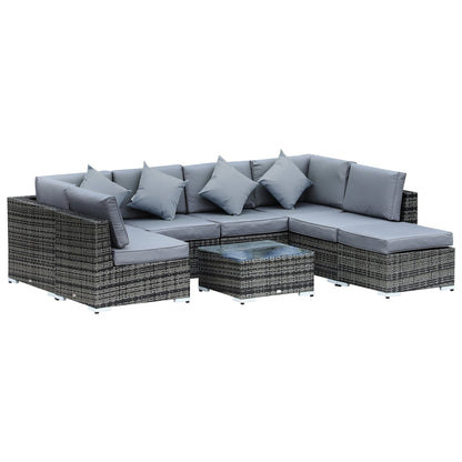 Outsunny 8 Piece Rattan Corner Sofa Set with Wide & Deep Seat, Assembled Aluminium PE Rattan Garden Furniture Set with Thick Cushions and Glass Top Table for Outdoor, Conservatory, Grey