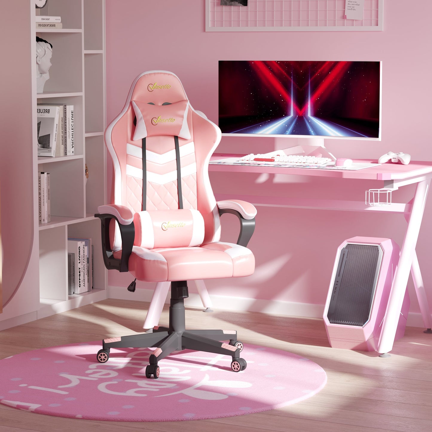 Vinsetto Gaming Chair, Computer Desk Chair with Lumbar Support, Faux Leather Racing Chair with Headrest and Swivel Wheels for Home Office, Pink