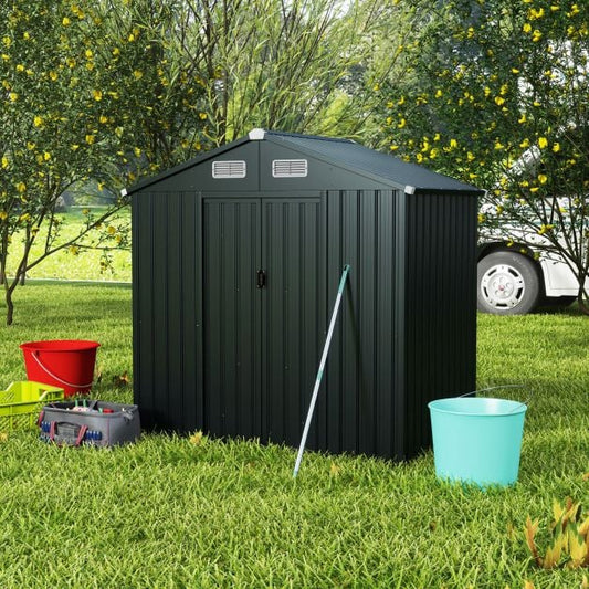 193 x 129 x 196 cm Tool Shed Garden Shed with Sloping Roof Sliding Doors Vents Grey Galvanised Metal Frame