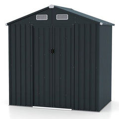 193 x 129 x 196 cm Tool Shed Garden Shed with Sloping Roof Sliding Doors Vents Grey Galvanised Metal Frame
