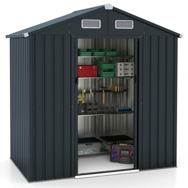 193 x 129 x 196 cm Tool Shed Garden Shed with Sloping Roof Sliding Doors Vents Grey Galvanised Metal Frame