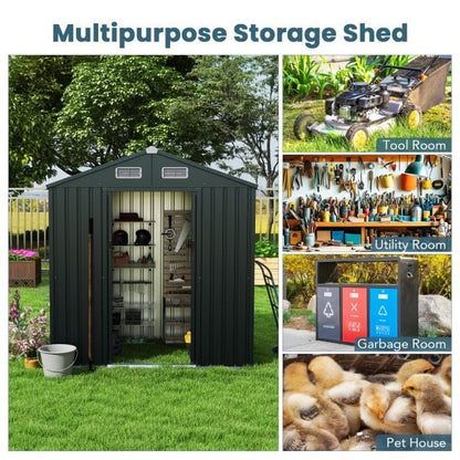 193 x 129 x 196 cm Tool Shed Garden Shed with Sloping Roof Sliding Doors Vents Grey Galvanised Metal Frame