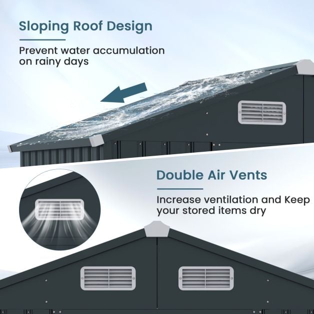 193 x 129 x 196 cm Tool Shed Garden Shed with Sloping Roof Sliding Doors Vents Grey Galvanised Metal Frame