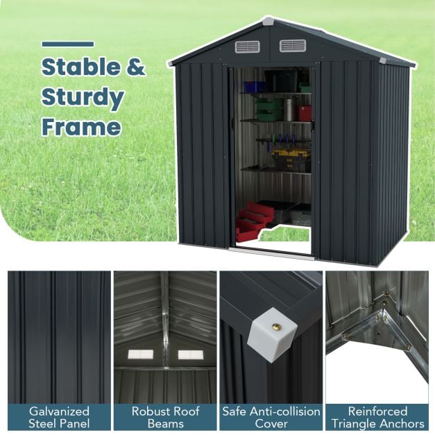 193 x 129 x 196 cm Tool Shed Garden Shed with Sloping Roof Sliding Doors Vents Grey Galvanised Metal Frame