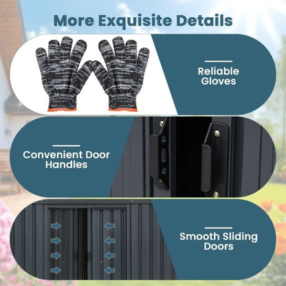 193 x 129 x 196 cm Tool Shed Garden Shed with Sloping Roof Sliding Doors Vents Grey Galvanised Metal Frame