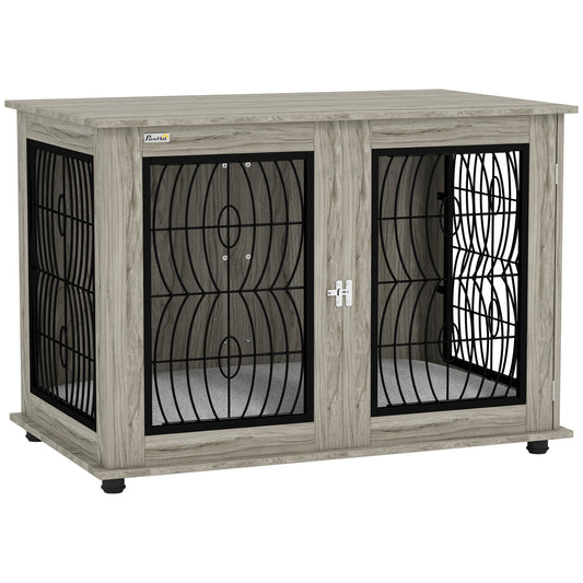 PawHut Dog Crate Furniture Table with Soft Washable Cushion and Lockable Door, for Large Indoor Dogs, Grey