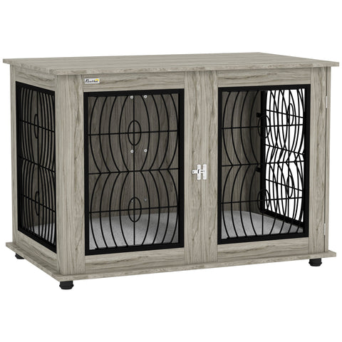 PawHut Dog Crate Furniture Table with Soft Washable Cushion and Lockable Door, for Large Indoor Dogs, Grey