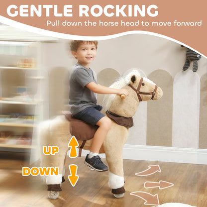 AIYAPLAY Rocking Horse, Plush Ride On Horse with Rolling Wheels & Saddle, Ride On Pony Toy for Kids 3-5 Years, Up to 25kg, Brown