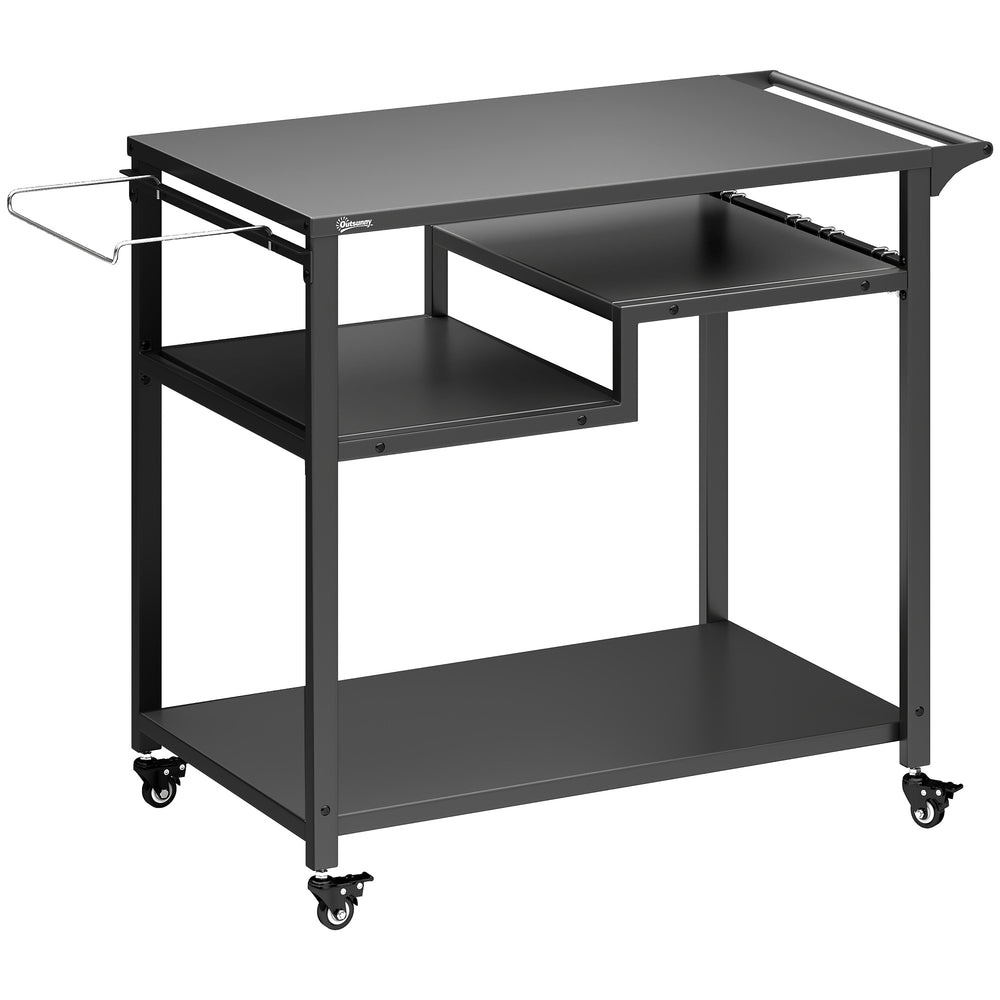 Outsunny Outdoor Grill Cart, Three-Tier Pizza Oven Stand  with Steel Tabletop, Hooks, Rubbish Bag Holder, Wheels, Black