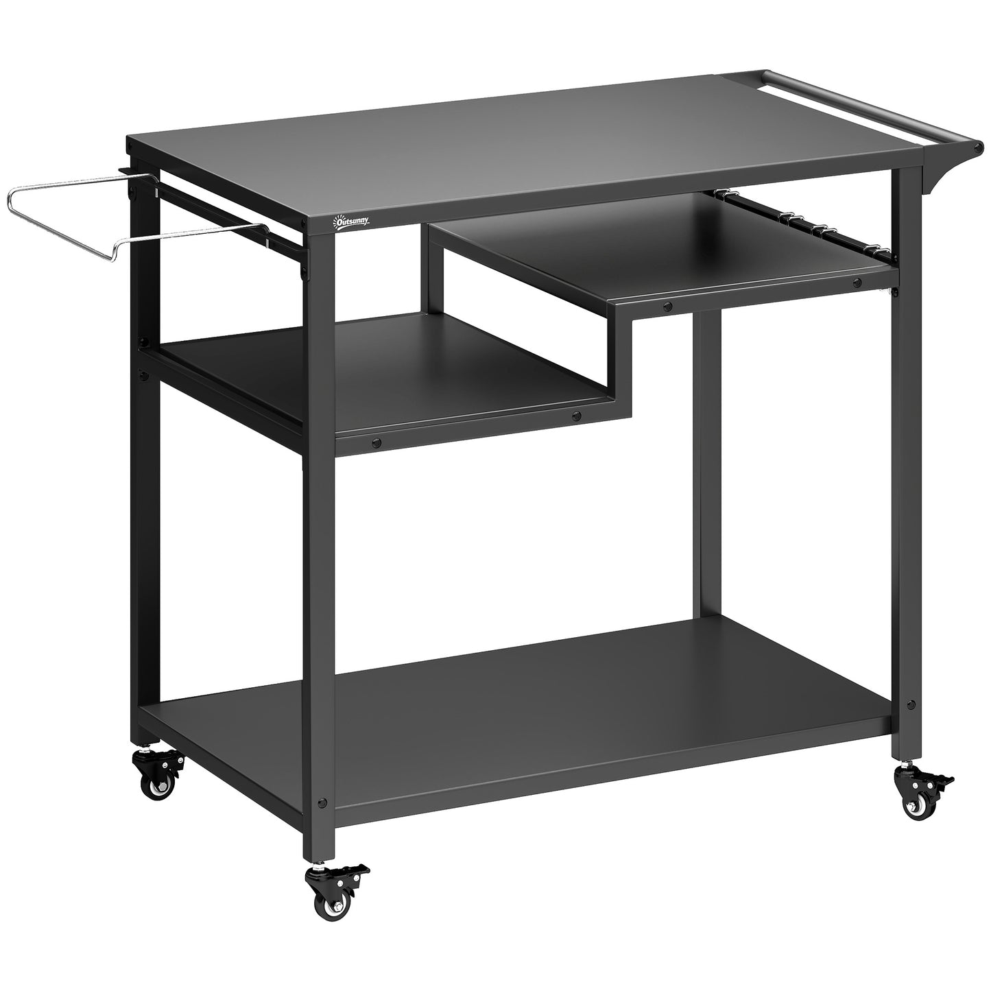 Outsunny Outdoor Grill Cart, Three-Tier Pizza Oven Stand  with Steel Tabletop, Hooks, Rubbish Bag Holder, Wheels, Black
