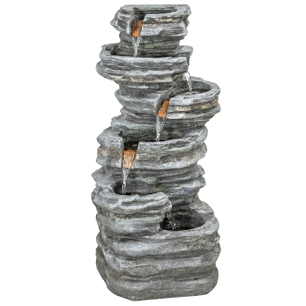 Outsunny Outdoor Fountain, 6-Tier Cascading Waterfall Feature with LED Lights, Resin Freestanding Garden Fountain, Grey