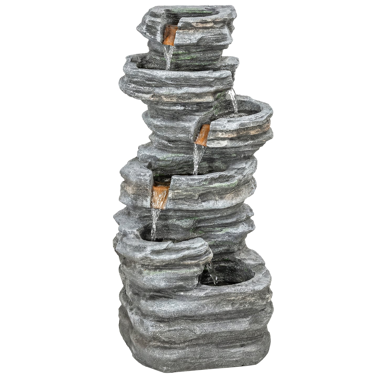 Outsunny Outdoor Fountain, 6-Tier Cascading Waterfall Feature with LED Lights, Resin Freestanding Garden Fountain, Grey