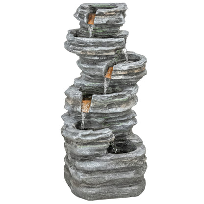 Outsunny Outdoor Fountain, 6-Tier Cascading Waterfall Feature with LED Lights, Resin Freestanding Garden Fountain, Grey