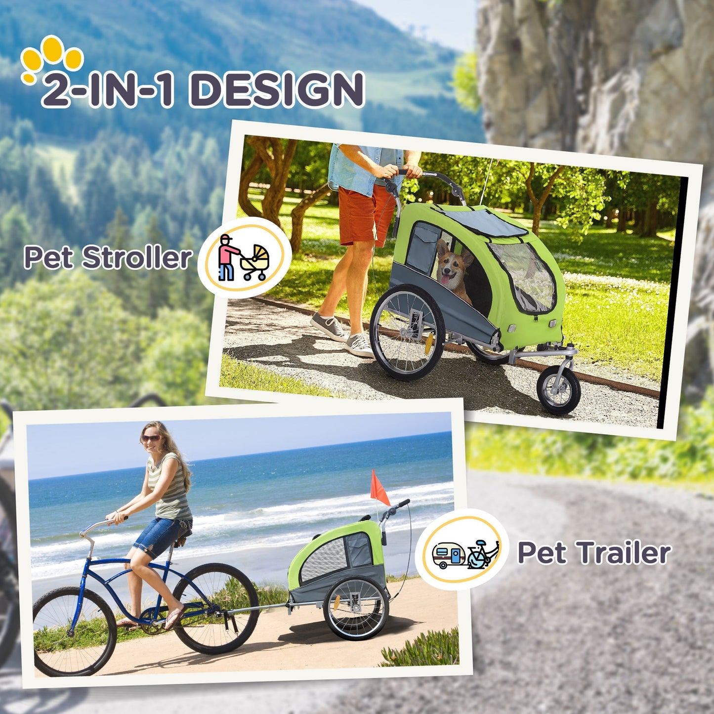 PawHut Dog Bike Trailer Pet Stroller Cart Carrier for Bicycle 360 degrees Rotatable with Reflectors 3 Wheels Hitch Coupler Push/ Pull/ Brake Water Resistant Green