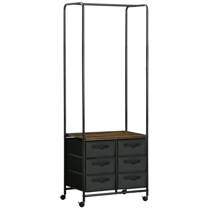 HOMCOM Industrial Hanging Clothes Rail, Clothes Rack with 6 Fabric Drawers, Open Wardrobe Organiser for Hallway, Bedroom and Closet, Rustic Brown