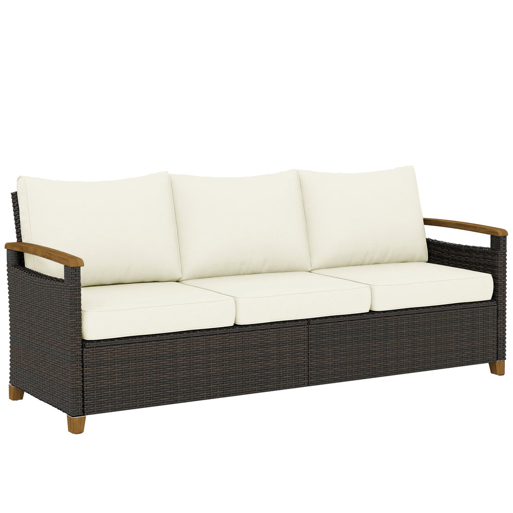 Outsunny 3 Seater Rattan Garden Sofa, PE Wicker Outdoor Sofa Wide Deep Seat, 4" Cushions, Wood-Effect Armrests Legs, Brown