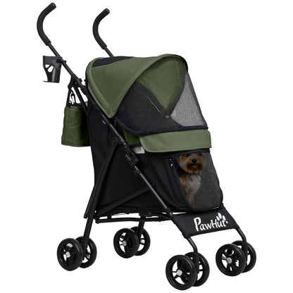 PawHut Foldable Dog Stroller, Lightweight Dog Pram w/ Shoulder Strap, Storage Bag, Cup Holder, Dark Green